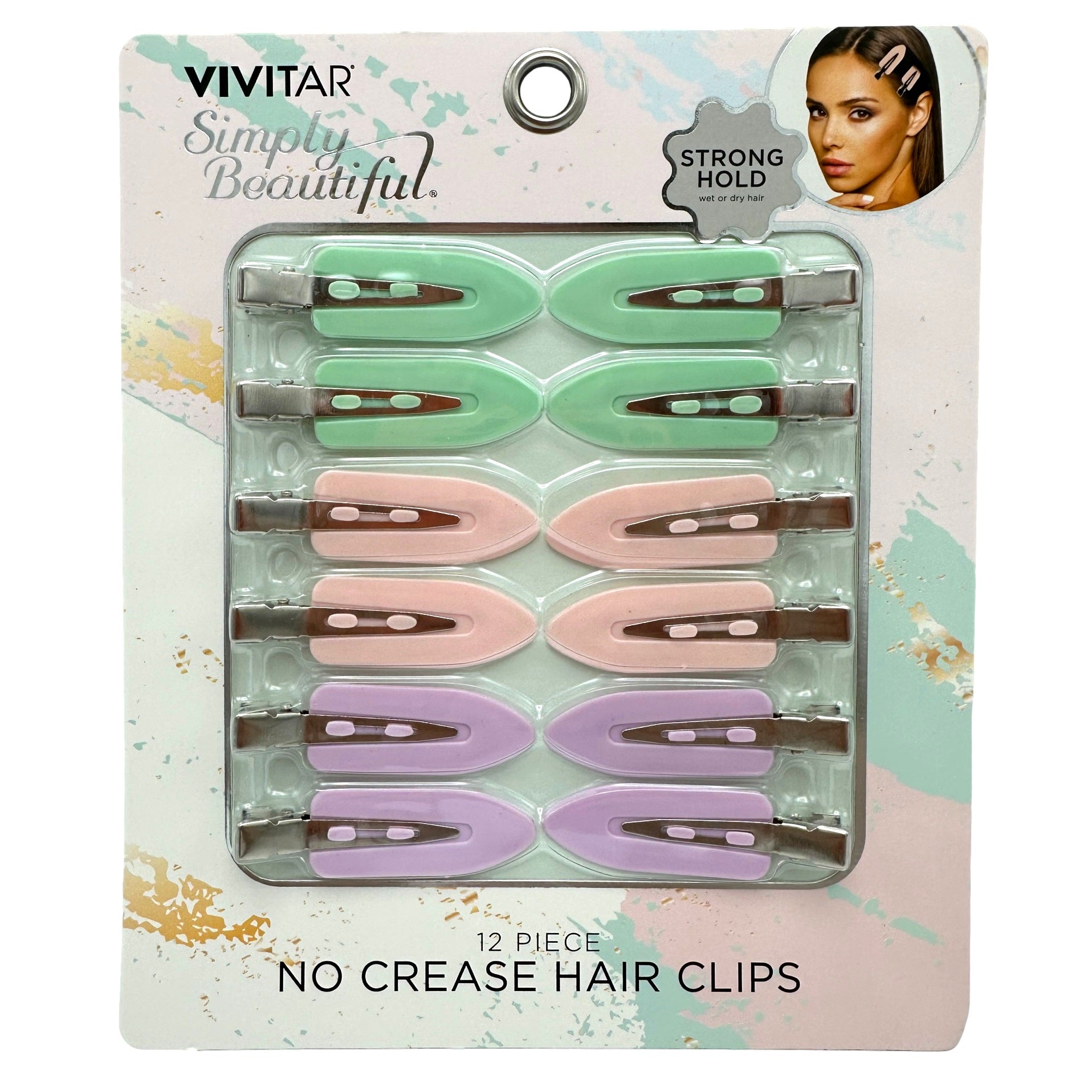Pastel-colored no-crease hair clips in packaging with a model demonstrating their use.